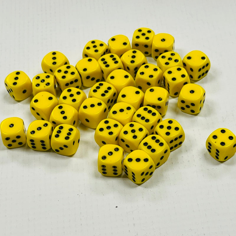 Opaque 12mm Dice w/ Rounded Corners Yellow w/Black Pips (36 Pk)