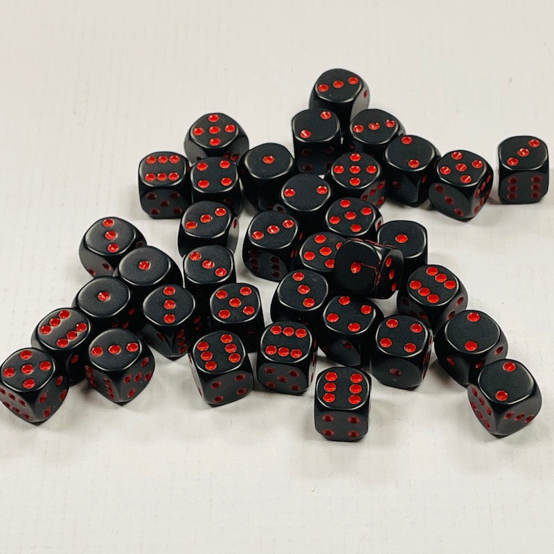 Opaque 12mm Dice w/ Rounded Corners Black w/Red Pips (36 Pk)