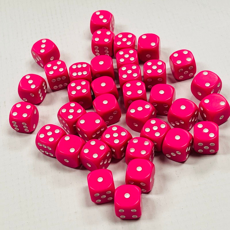 Opaque 12mm Dice w/ Rounded Corners Pink w/White Pips (36 Pk)
