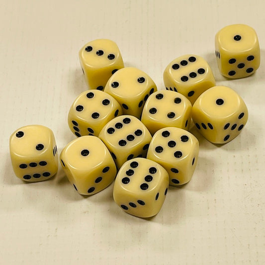 Opaque 16mm Dice w/ Rounded Corners Ivory w/Black Pips (12 Pk)