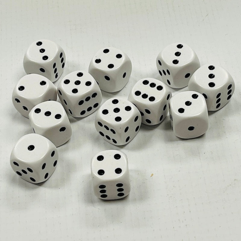 Opaque 16mm Dice w/ Rounded Corners White w/Black Pips (12 Pk)