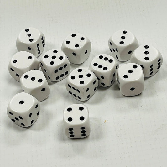 Opaque 16mm Dice w/ Rounded Corners White w/Black Pips (12 Pk)