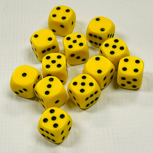 Opaque 16mm Dice w/ Rounded Corners Yellow w/Black Pips (12 Pk)
