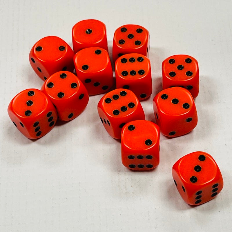 Opaque 16mm Dice w/ Rounded Corners Orange w/Black Pips (12 Pk)