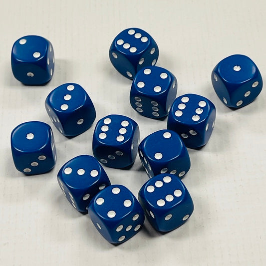 Opaque 16mm Dice w/ Rounded Corners Blue w/White Pips (12 Pk)