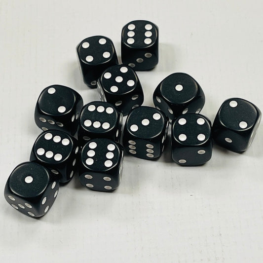 Opaque 16mm Dice w/ Rounded Corners Black w/White Pips (12 Pk)