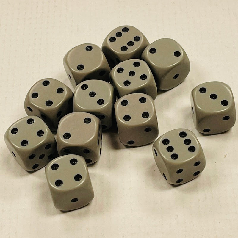 Opaque 16mm Dice w/ Rounded Corners Grey w/Black Pips (12 Pk)