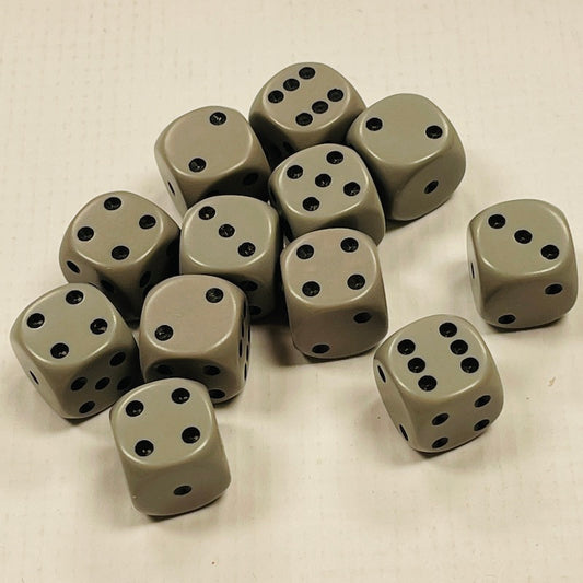Opaque 16mm Dice w/ Rounded Corners Grey w/Black Pips (12 Pk)