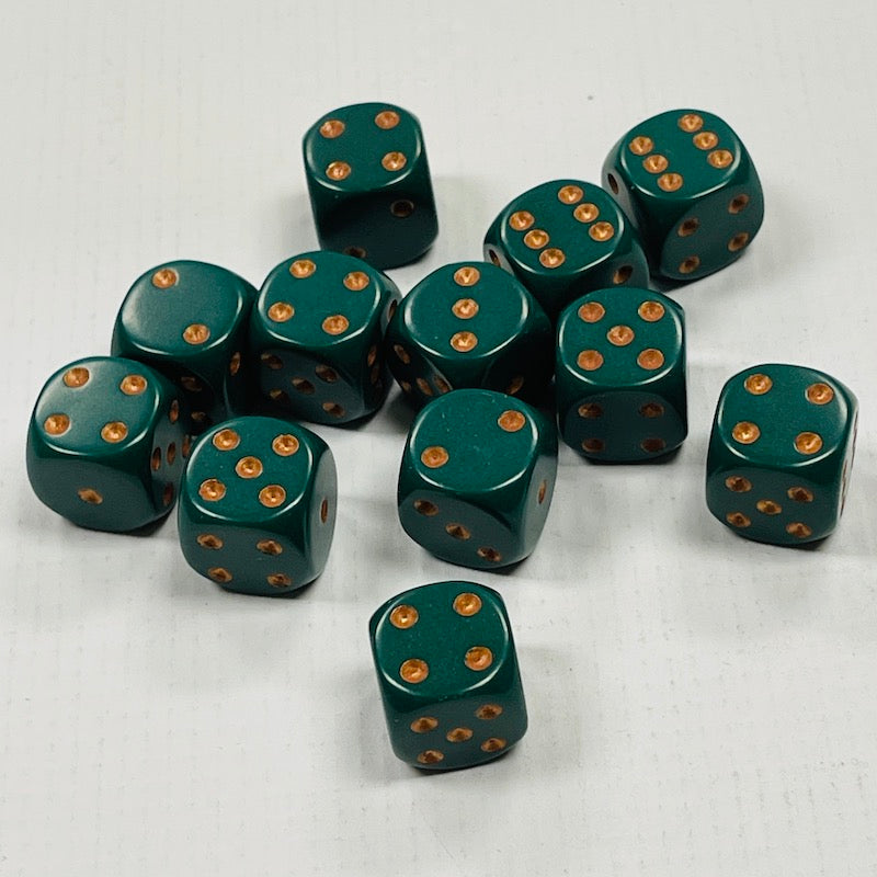 Opaque 16mm Dice w/ Rounded Corners Dusty Green w/Copper Pips (12 Pk)