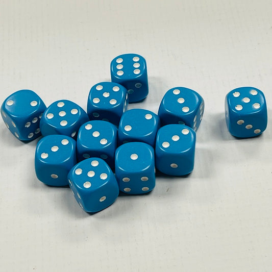 Opaque 16mm Dice w/ Rounded Corners Lt Blue w/White Pips (12 Pk)