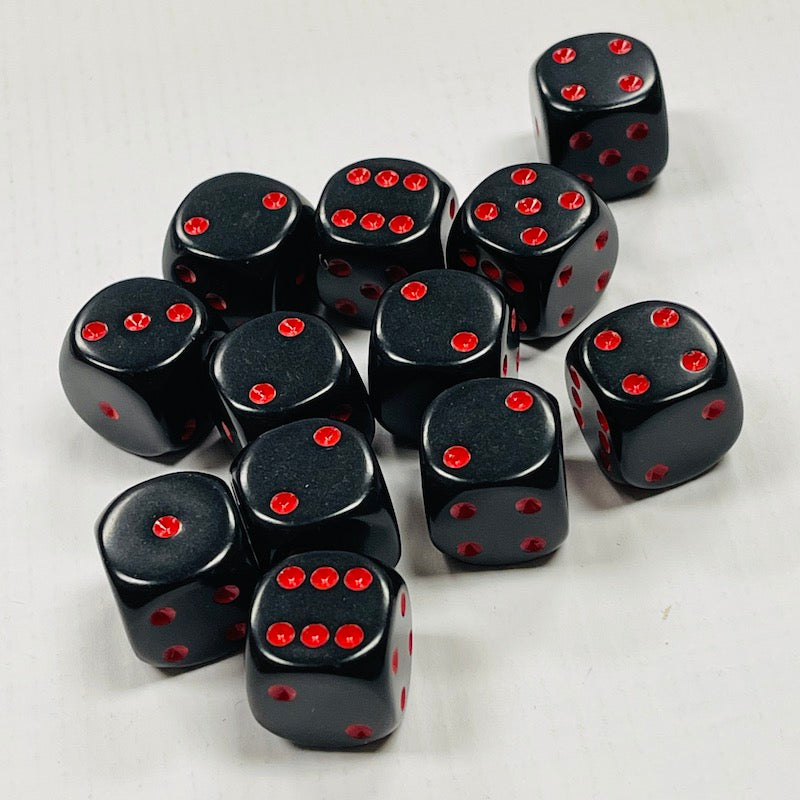 Opaque 16mm Dice w/ Rounded Corners Black w/Red Pips (12 Pk)
