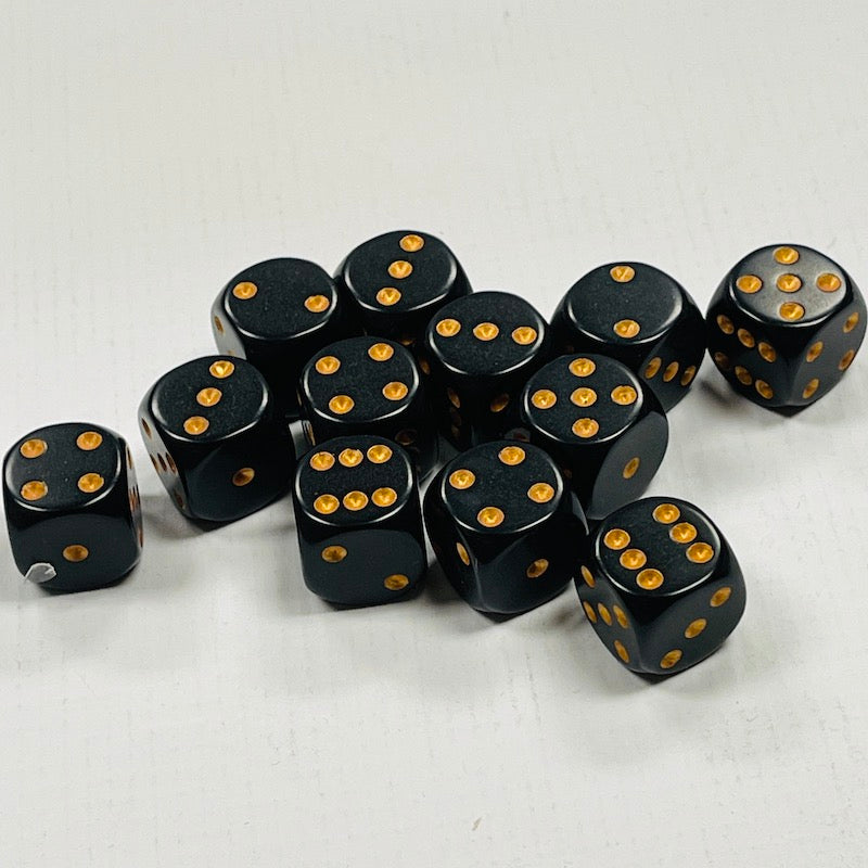 Opaque 16mm Dice w/ Rounded Corners Black w/Gold Pips (12 Pk)