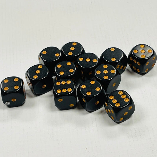 Opaque 16mm Dice w/ Rounded Corners Black w/Gold Pips (12 Pk)